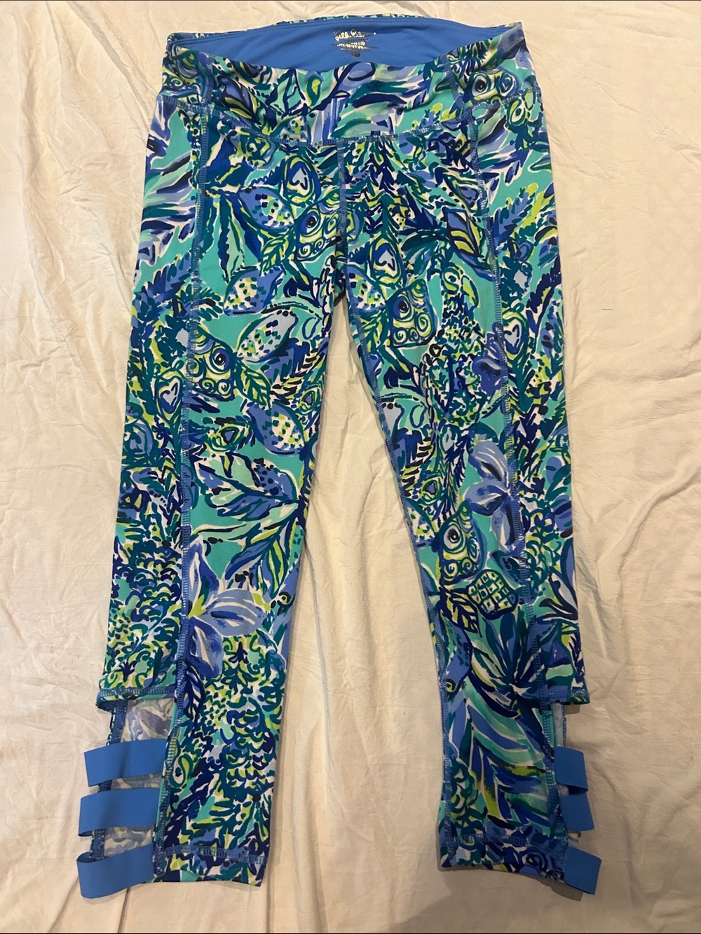 Lilly Pulitzer Blue & Green Floral Print Leggings with Strappy Hem